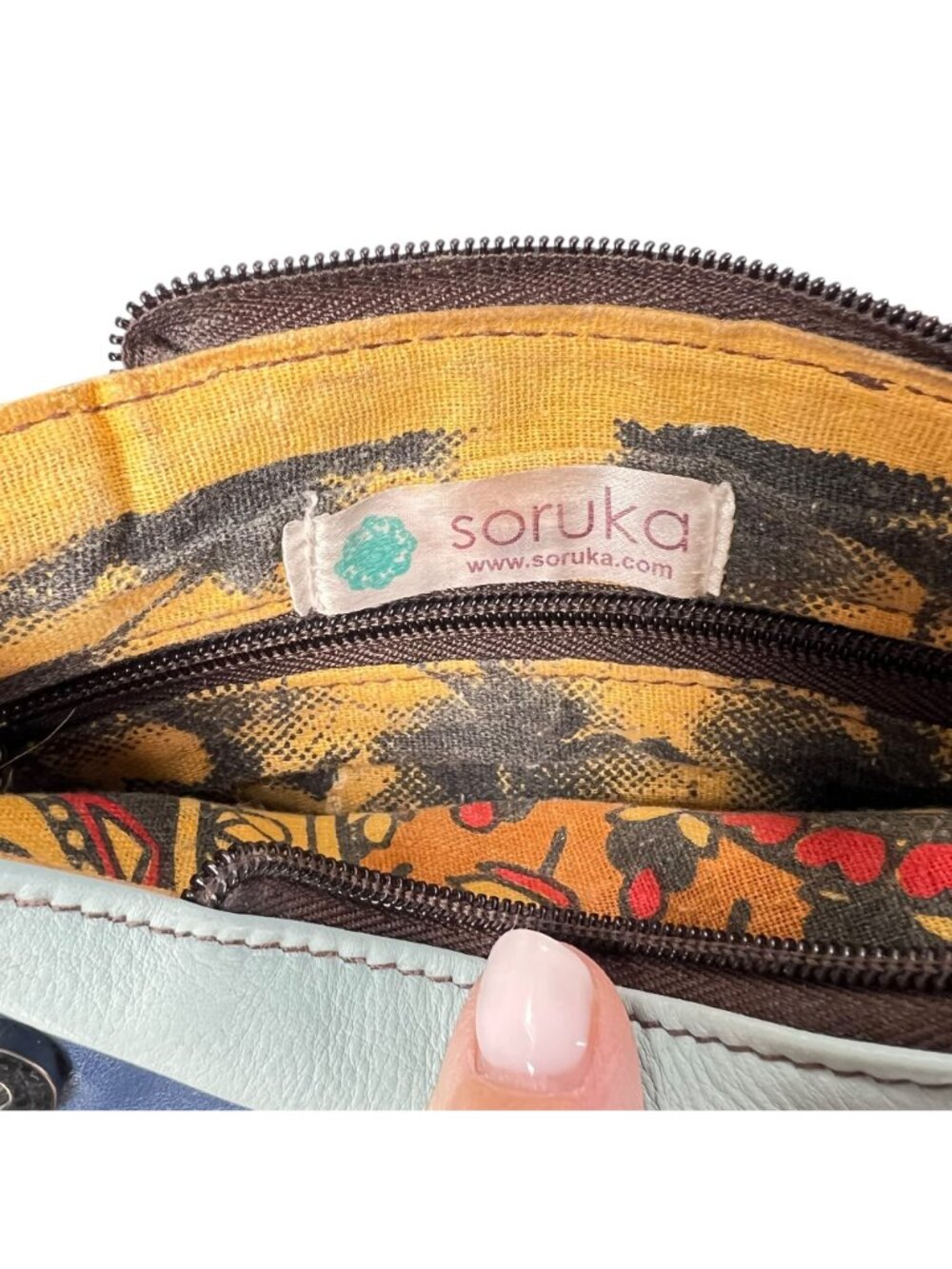 Soruka Leather Crossbody Bag Colorblock Blue Brown Adjustable Strap Zip Pockets - Picture 14 of 16